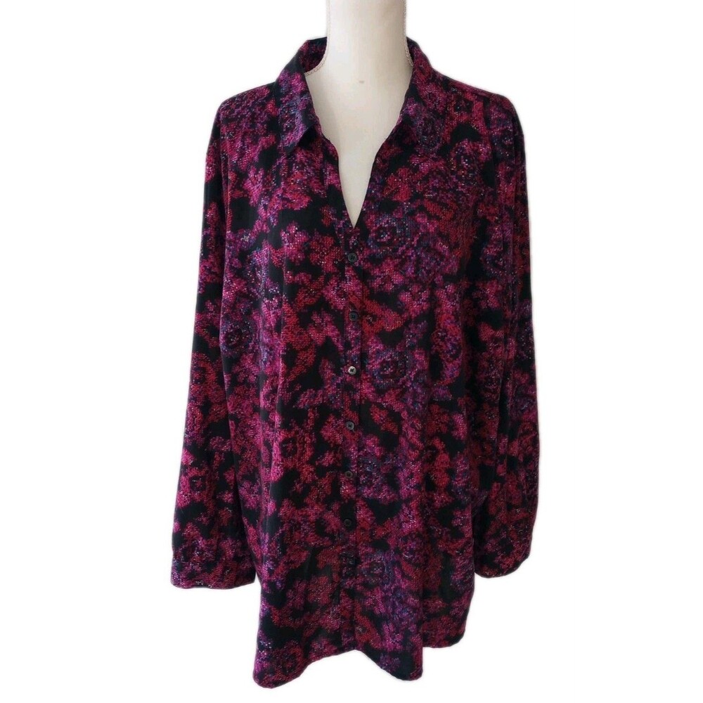 Catherines 3X Shirt Blouse Button Up Long Sleeve Pink Black Metallic Stretch